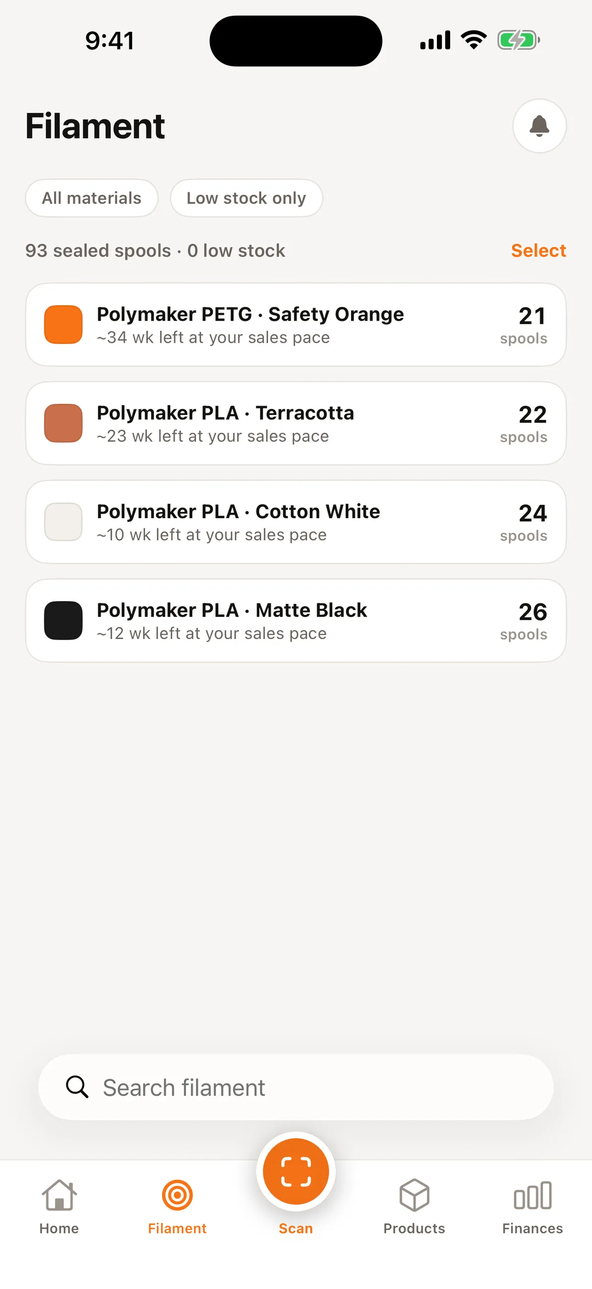 Filament inventory — sealed spool counts with weeks of stock left at your sales pace.